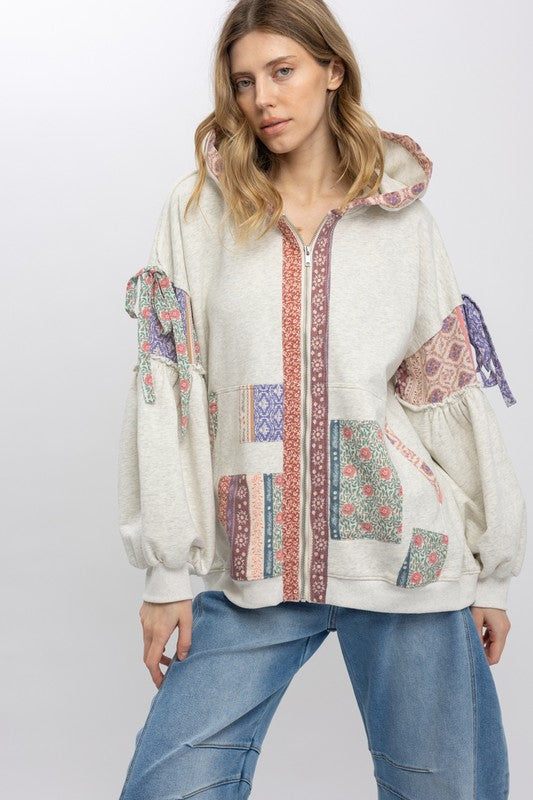 Orange Striped Color Block Patchwork Thumbhole Sleeve Hoodie main image 0
