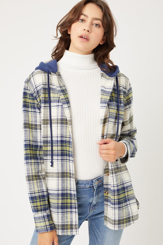 Plaid Flannel Button Up Shacket with Hood