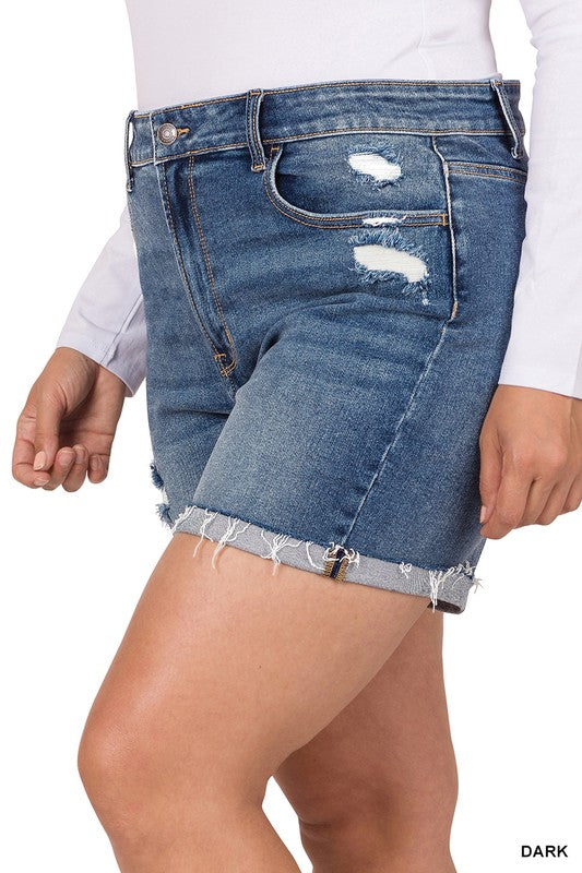 ZENANA PLUS DISTRESSED CUFFED RAW HEM DENIM SHORTS