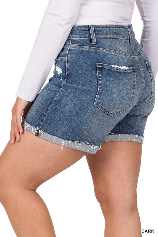 ZENANA PLUS DISTRESSED CUFFED RAW HEM DENIM SHORTS