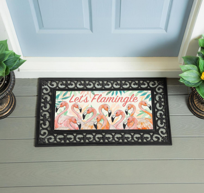 Palm Beach Flamingo Flocked Coir Sassafras Switch Mat, "Let's Flamingle", 22"x10"