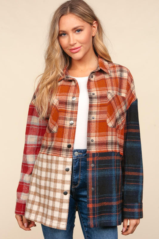 Flannel Color Block Snap Button Down Jacket