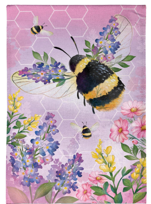 Pollinator Garden Pink Florals Bee Burlap Flag