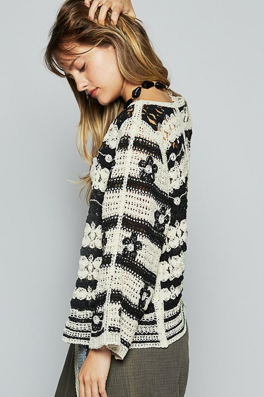 Pol Round neck long sleeve crochet cardigan One Size Fits Most