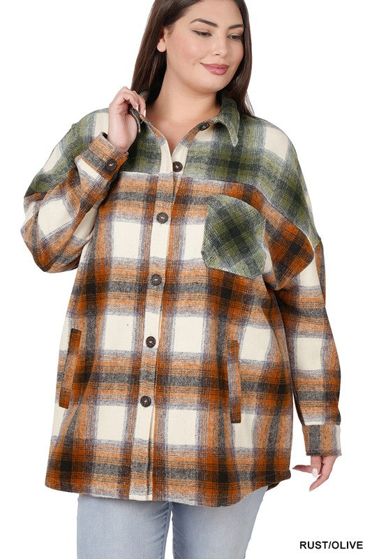 PLUS OVERSIZED YARN DYED PLAID LONGLINE SHACKET OLIVE/RUST