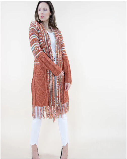 Mustard/Rust Upper Tribal Stripe Cardigan w/Fringe
