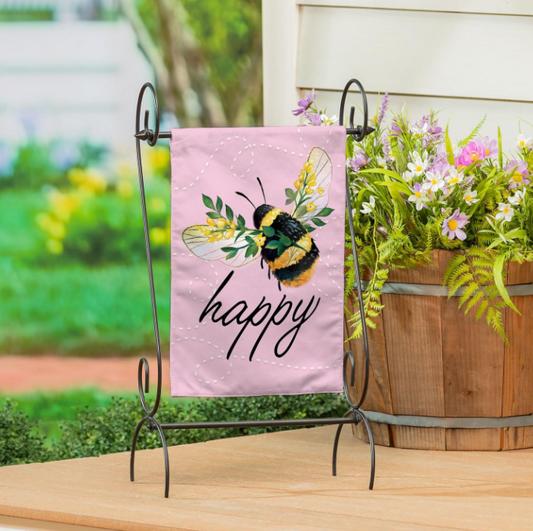 Bee Happy Pink Burlap Garden Flag