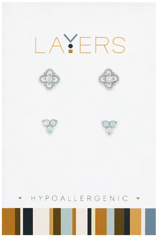 Silver Beaded Petal & Triple Opal Duo Pair Stud Layers, Two Pairs