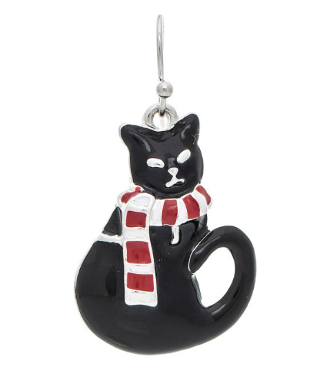 Silver Black Cat Christmas Earring