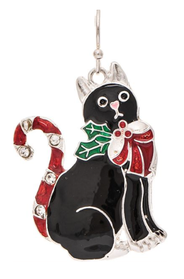 Silver Candy Cane Tail Black Cat Earring