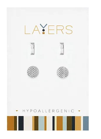 Silver Rectangular CZ & Trax Circle Duo Pair Stud Layers Earrings LAY-EAR572-S