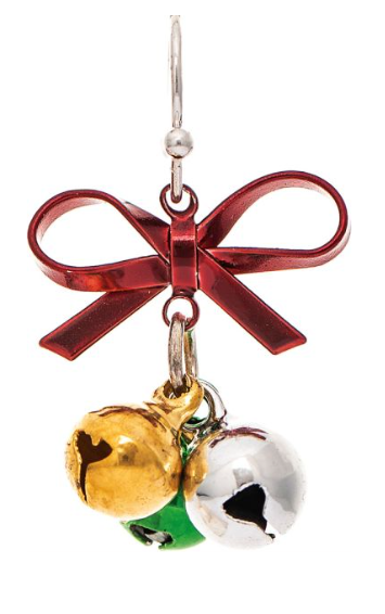 Silver Red Bow Top Jingle Bells Earring