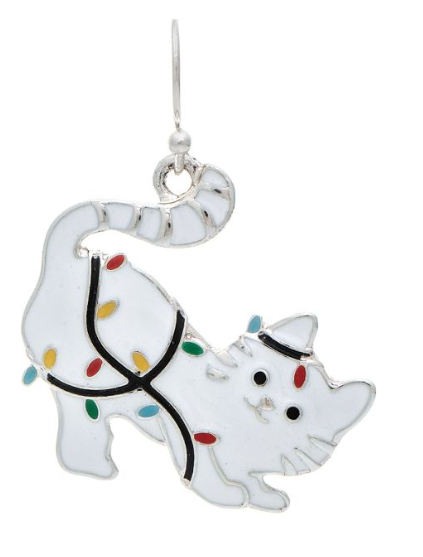 Silver White Holiday Lights Kitten Earring