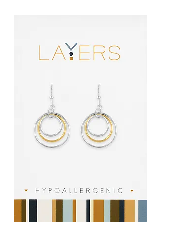 Silver Two-Tone Three Circle Dangle Layers Earrings Lay-Ear 520-S