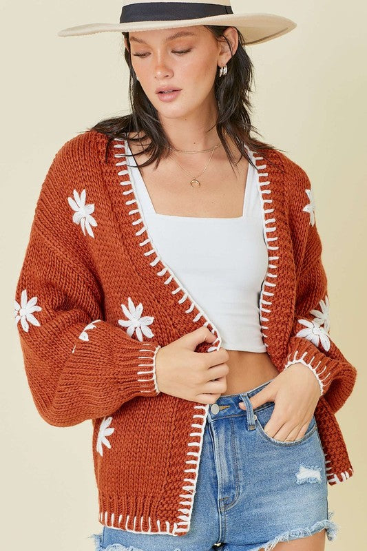 Sweater Knit Cardigan With Flower And Embroidered