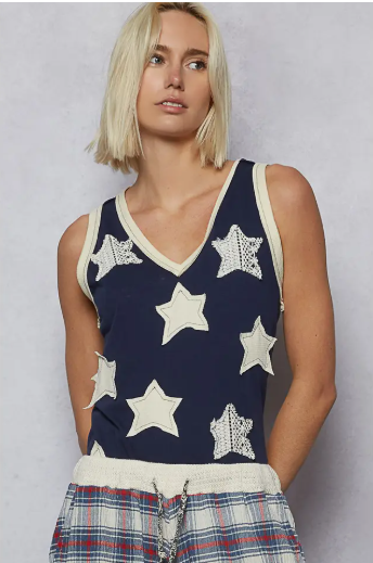 Pol Clothing V-Neck Sleeveless Front Star Patches Solid Basic Top Sale