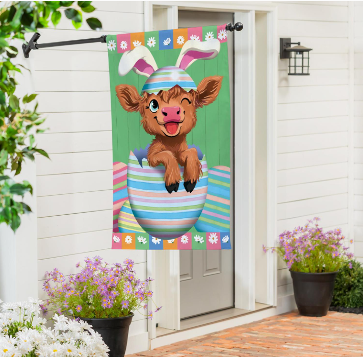 Winky The Easter Highland Cow Burlap Flag