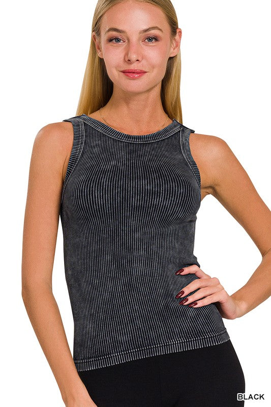 ZENANA 2 WAY NECKLINE WASHED RIBBED SEAMLESS TANK TOP