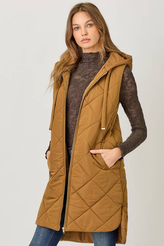 Mystree Quilted Puffer Long Hoodie Vest