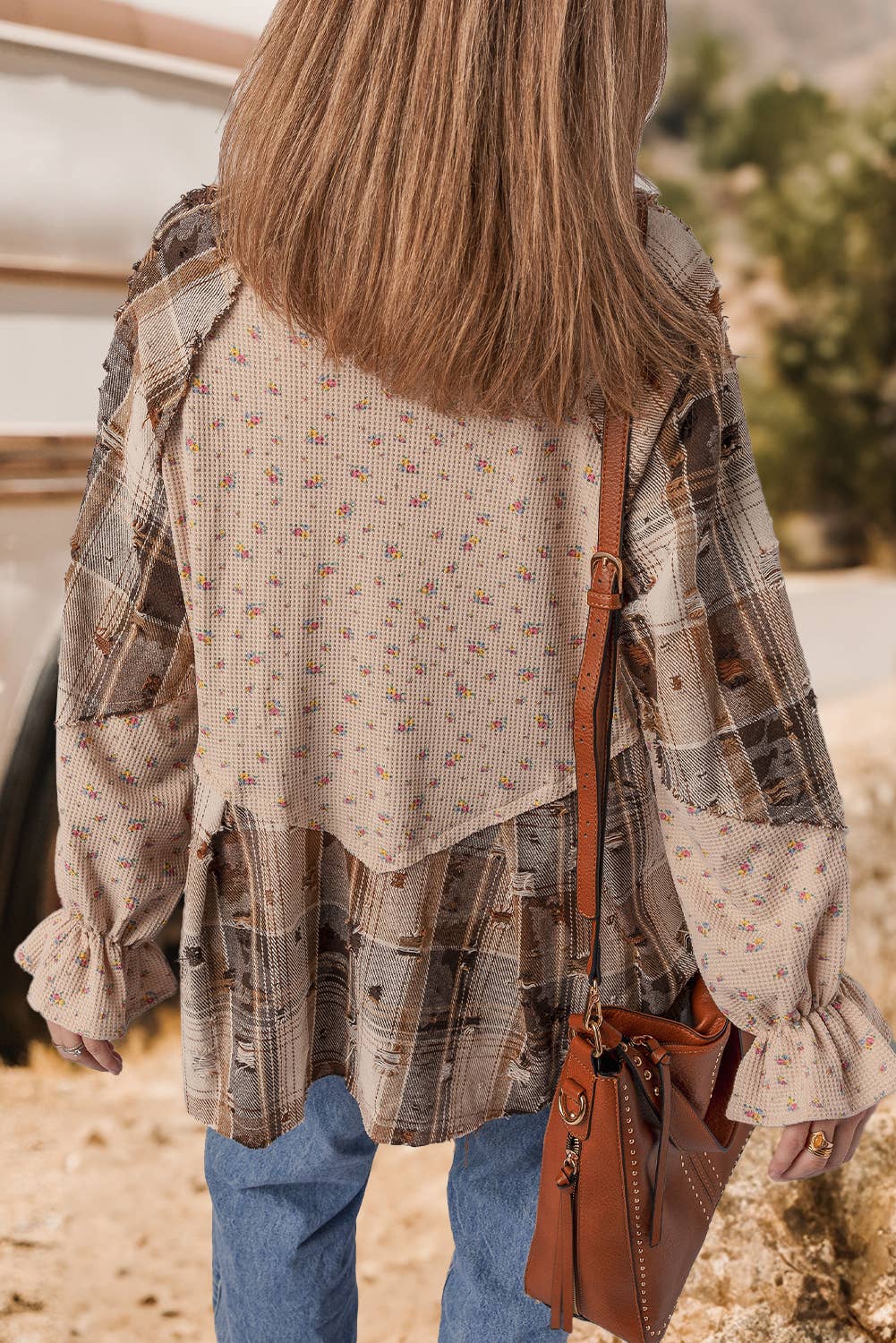 fashionworks - Boho Distressed Detail Ruffled Sleeve Waffle Knit Shacket