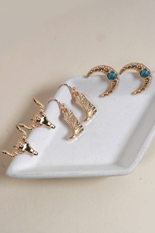 WESTERN BULL HEAD HORN BOOTS TRIO EARRINGS |