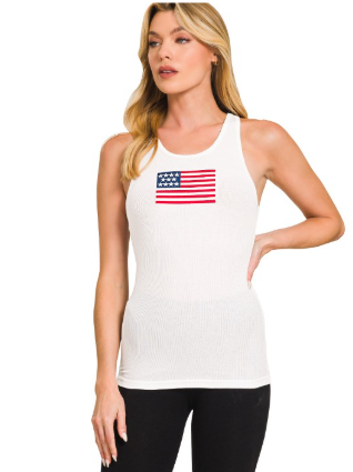 American Flag Embroidery Stretchy Ribbed Tank
