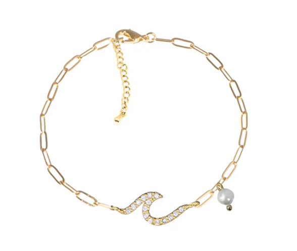 Anklet- Wave with dangle pearl paperclip