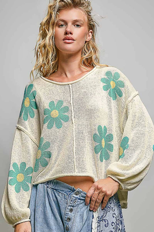 Pol Clothing - Round Neck Balloon Sleeve Floral Print Thin Sweater