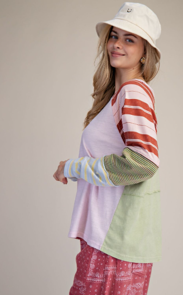 EASEL MIXED STRIPE WASHED COTTON TOP