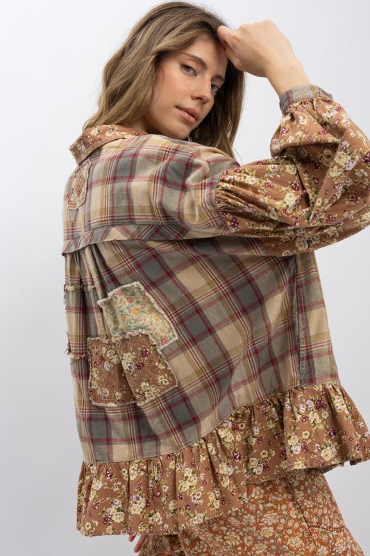 Blue Velvet Flower Patchwork Half Button Ruffle Shirt