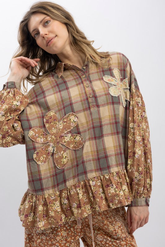 Blue Velvet Flower Patchwork Half Button Ruffle Shirt