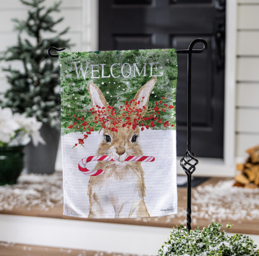 Candy Cane Rabbit Burlap House Flag