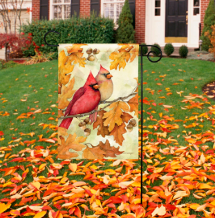 Cardinals in Fall Oak Leaves Garden Flag