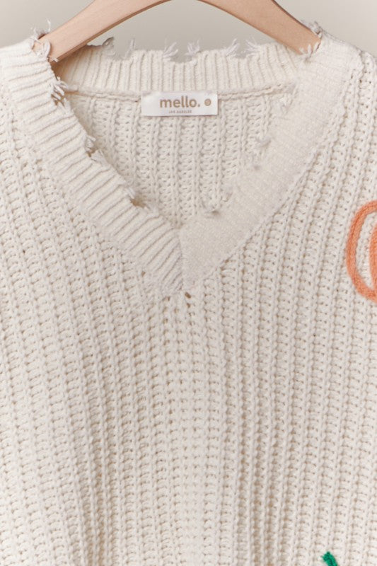 Pumpkin Chenille V Neck Distressed Hem Sweater