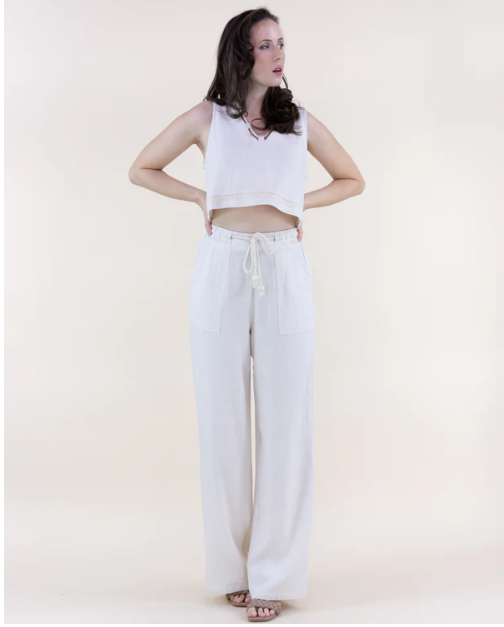 Coastal Linen Rope Belt Wide Legged Pants Beige
