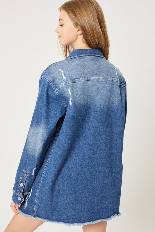 Washed Distressed Denim Long Shirt