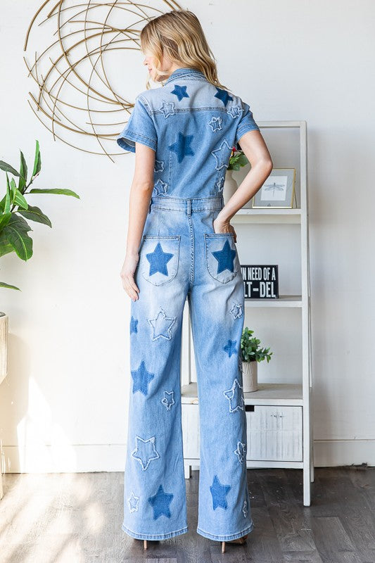 Oli And Hali Washed Star Printed Denim Romper