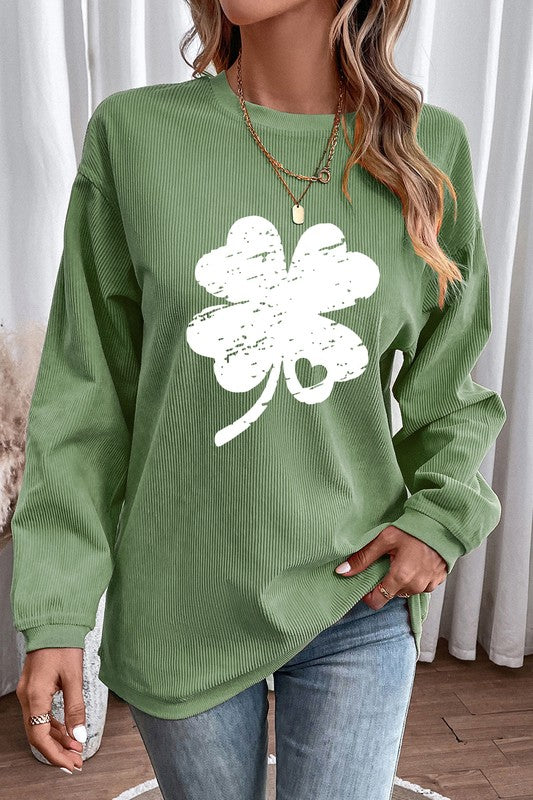 Lucky Distressed Clover St Patrick's Corded Sweatshirt
