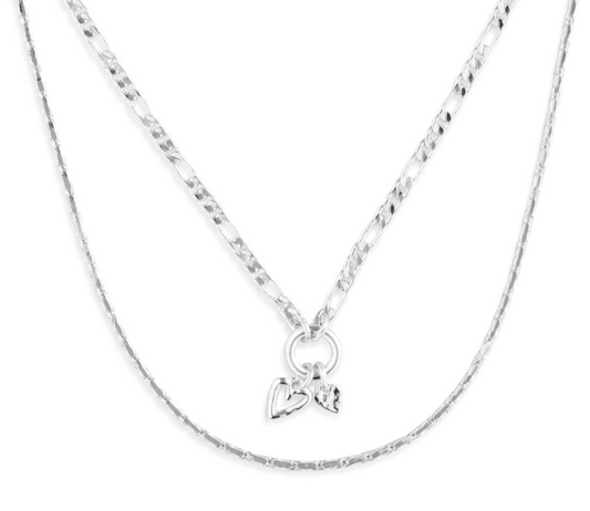 Double Heart Silver Charm Layered Necklace -16in