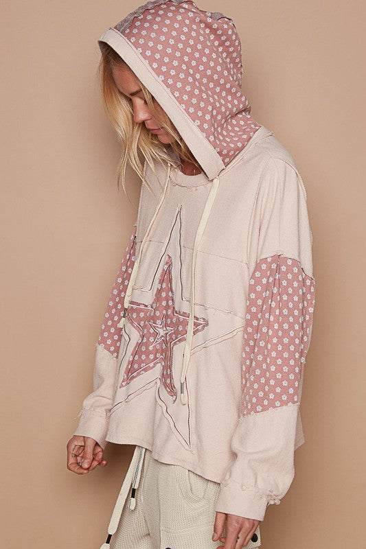 Star patch-work frayed edge french terry hoodie