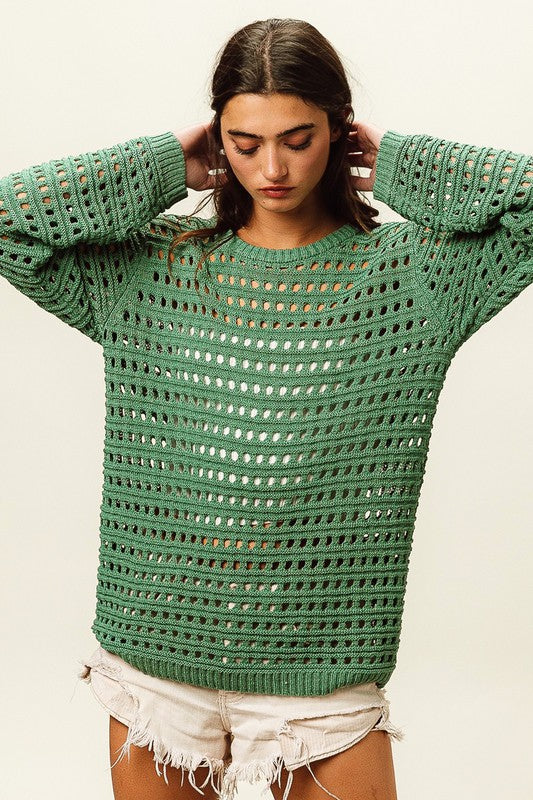 ROUND NECK OPEN KNIT SWEATER TOP