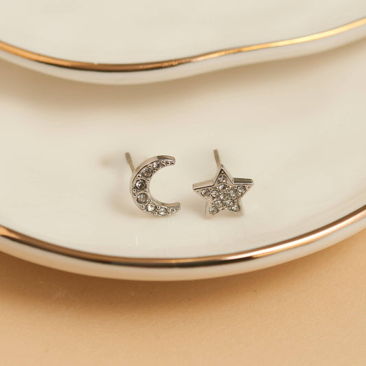 Howard's - Waterproof Earrings Pave Star & Moon Stud in Gold & Steel