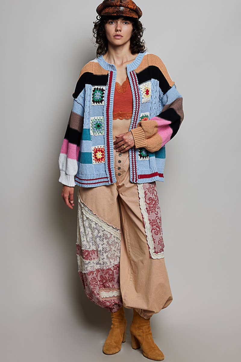 Pol Clothing - Handmade Patchwork Striped Chenille Sweater Open Cardigan