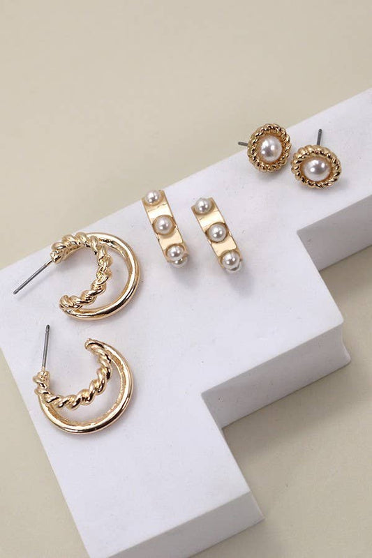 GOLD PEARL HOOP STUD TRIO EARRINGS |