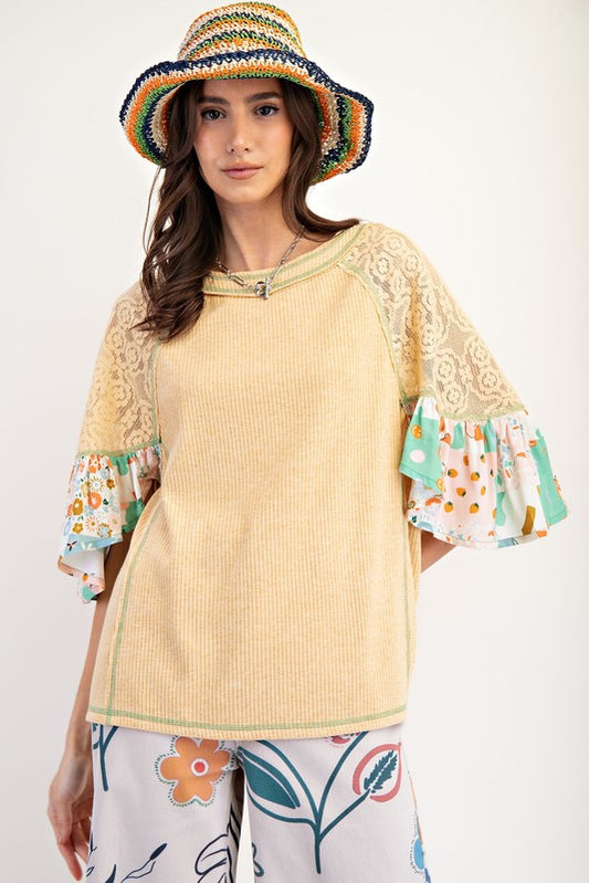 Easel PRINT N LACE MIX RIB KNIT TUNIC