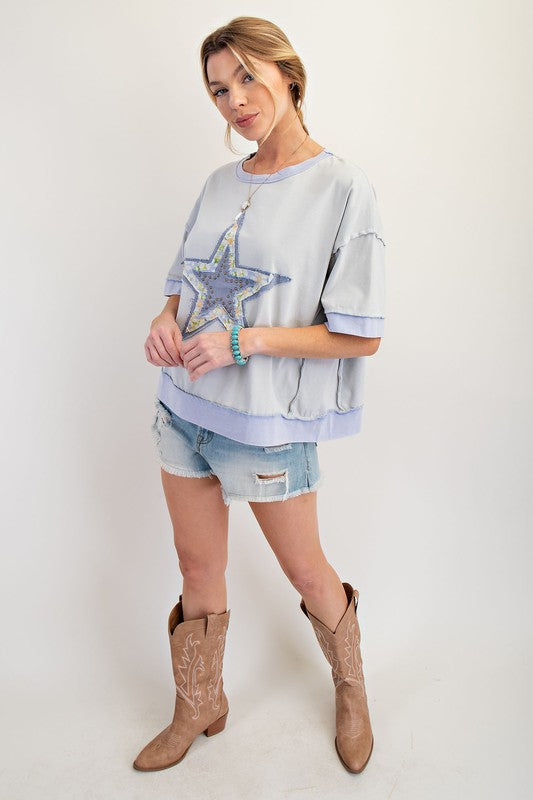 Easel Star Patch Mineral Washed Knit Top