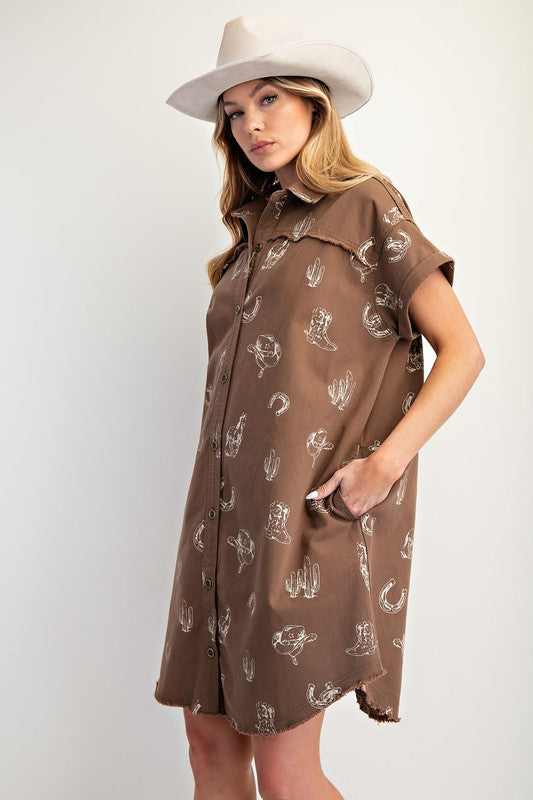 Western Printed Washed Twill Shirt Dress