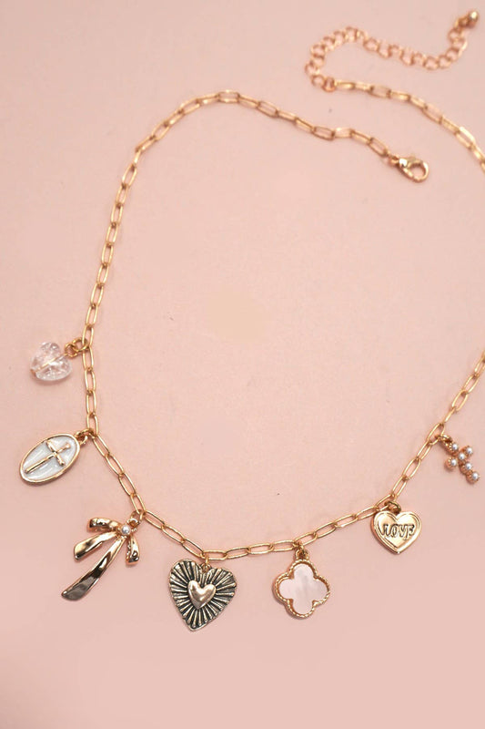 CHARM NECKLACE-CLOVER BOW CROSS HEART |