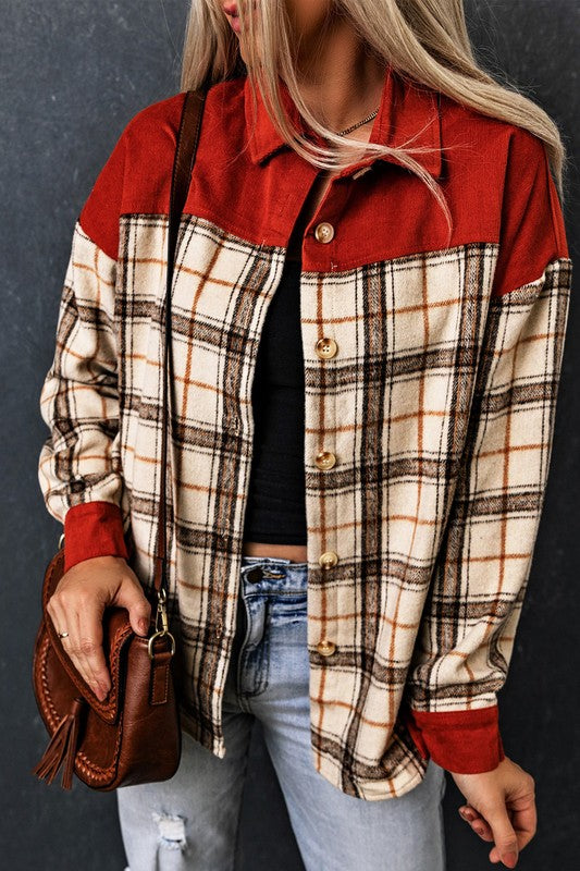 Hailey Contrast Corduroy Plaid Shacket !