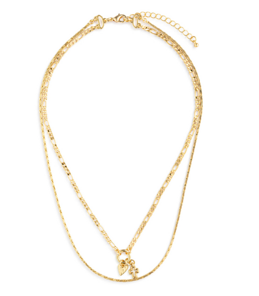Heart + Cross Gold Charm Layered Necklace - 16in
